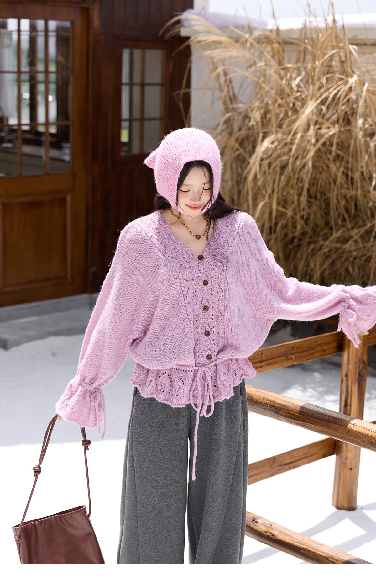 Mishow Hollow Knit V-Neck Flared Sleeve Cardigan MXE47Z2513