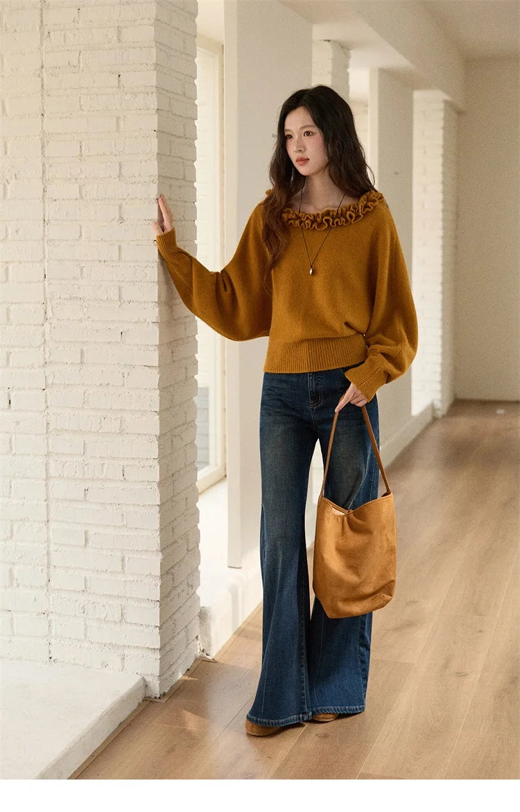 Mishow Orange Lotus Edge Lantern Sleeve Pullover MXE86Z2726