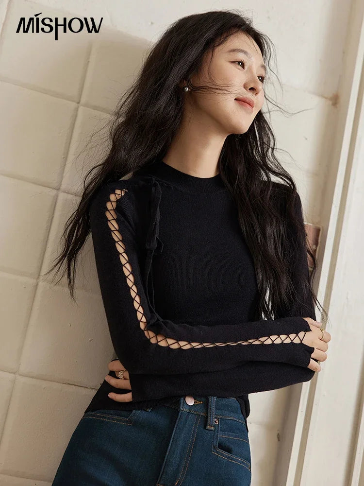 Mishow Hollow Tie Design Bottoming Knit Sweater MXD45Z0766