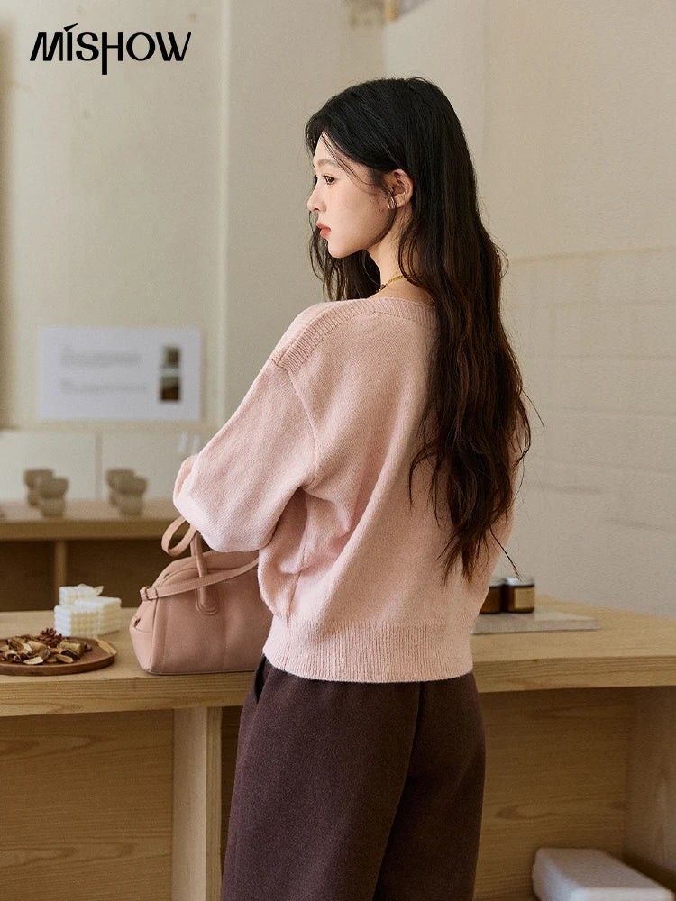 Mishow Pink Jacquard Lantern Sleeve Drop Shoulder Sweater MXE91Z2775