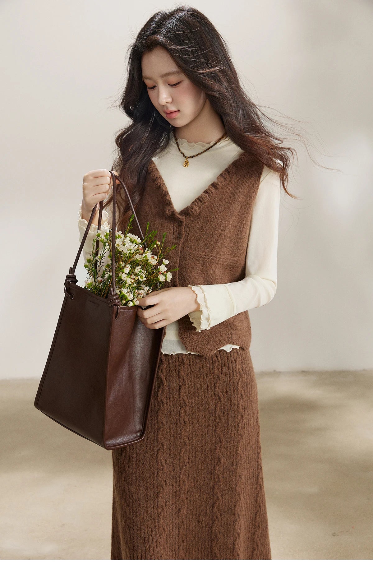 Mishow Brown Knitted Vest & Cable Knit Maxi Skirt Set MXF11T1460