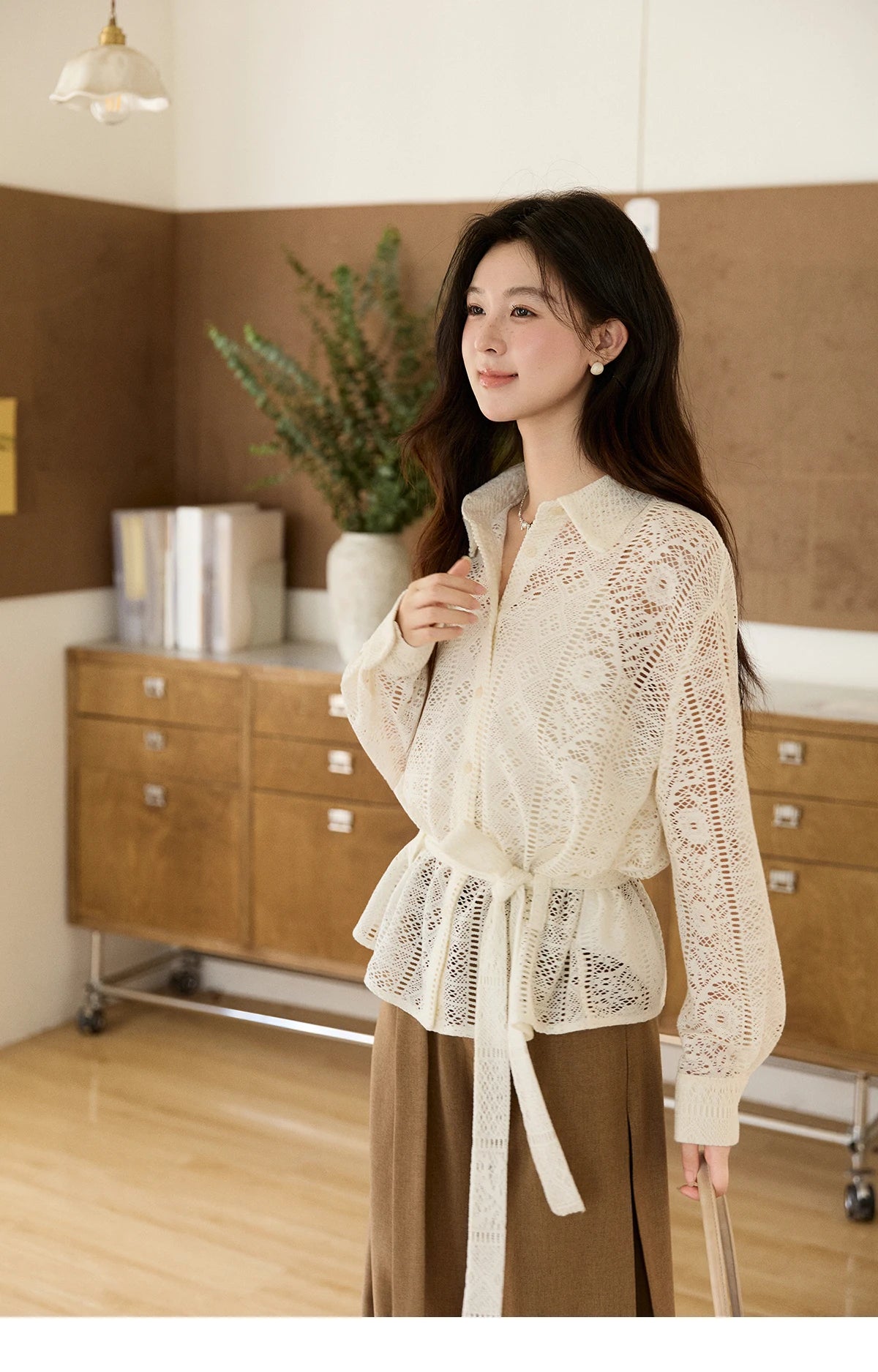 MISHOW Hollow Lace Shirt Camisole Set Drawstring Waist MXF108C0816