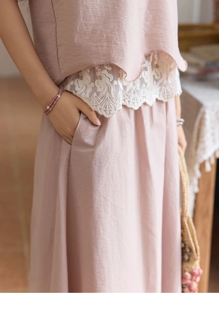 Mishow O-Neck Lace Patchwork Top & Elastic Waist Midi Skirt Set MXE36T0641