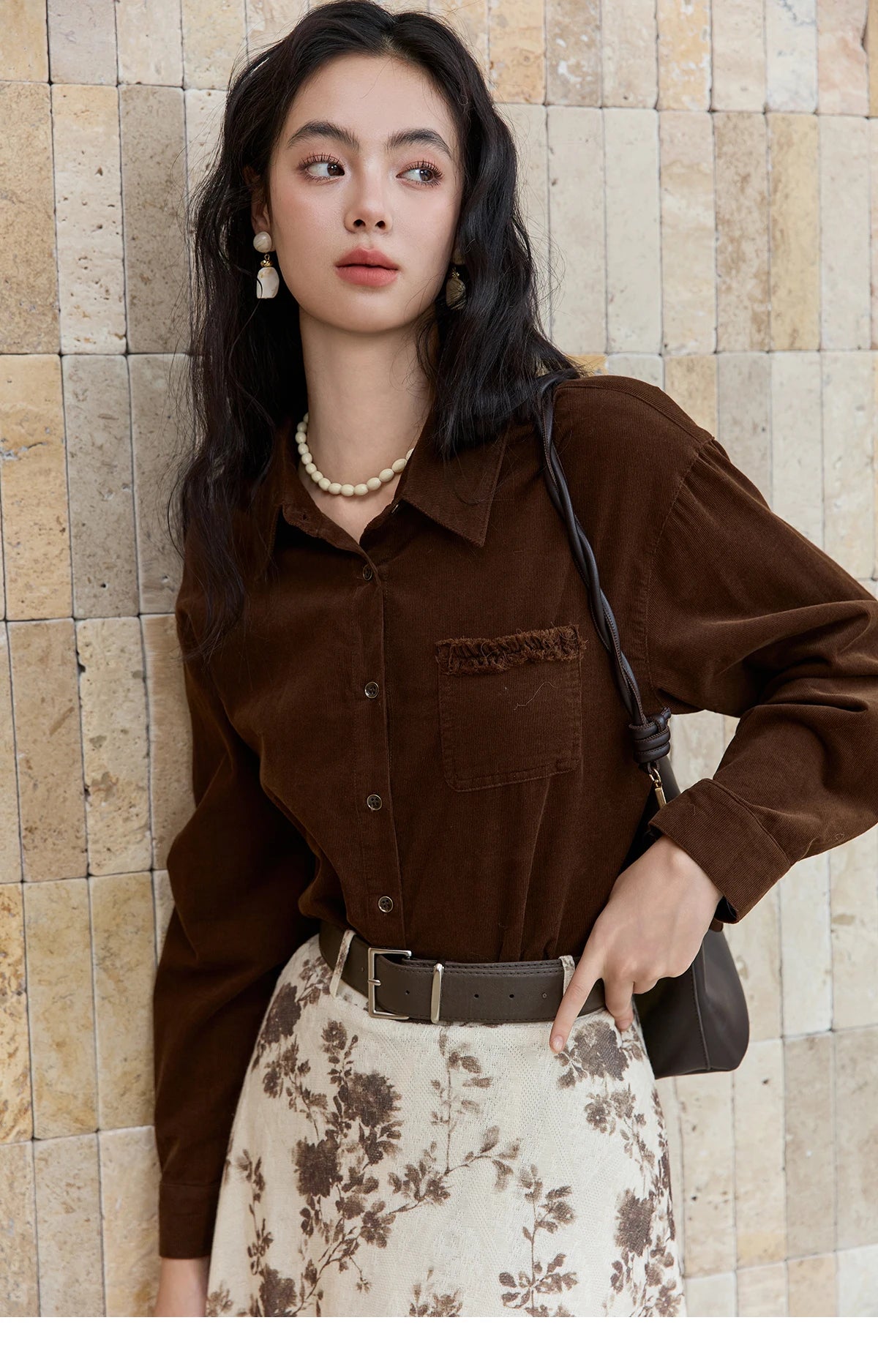 MISHOW Brown Corduroy Shirt Raw Edge Pocket MXE47C2419