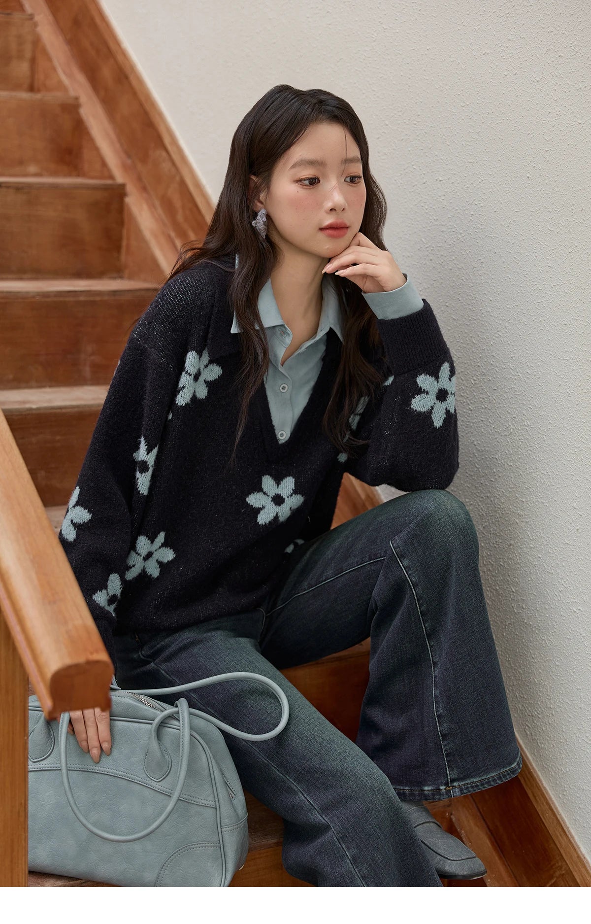 Mishow Dark Blue Fake Two-Piece Turn-Down Collar Sweater MXE51Z2554