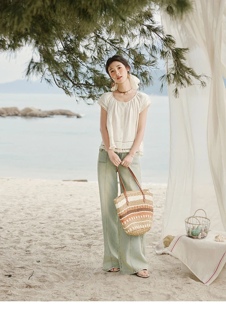 MISHOW Embroidered French Shirt Round Neck Short Sleeve MXE33X1744