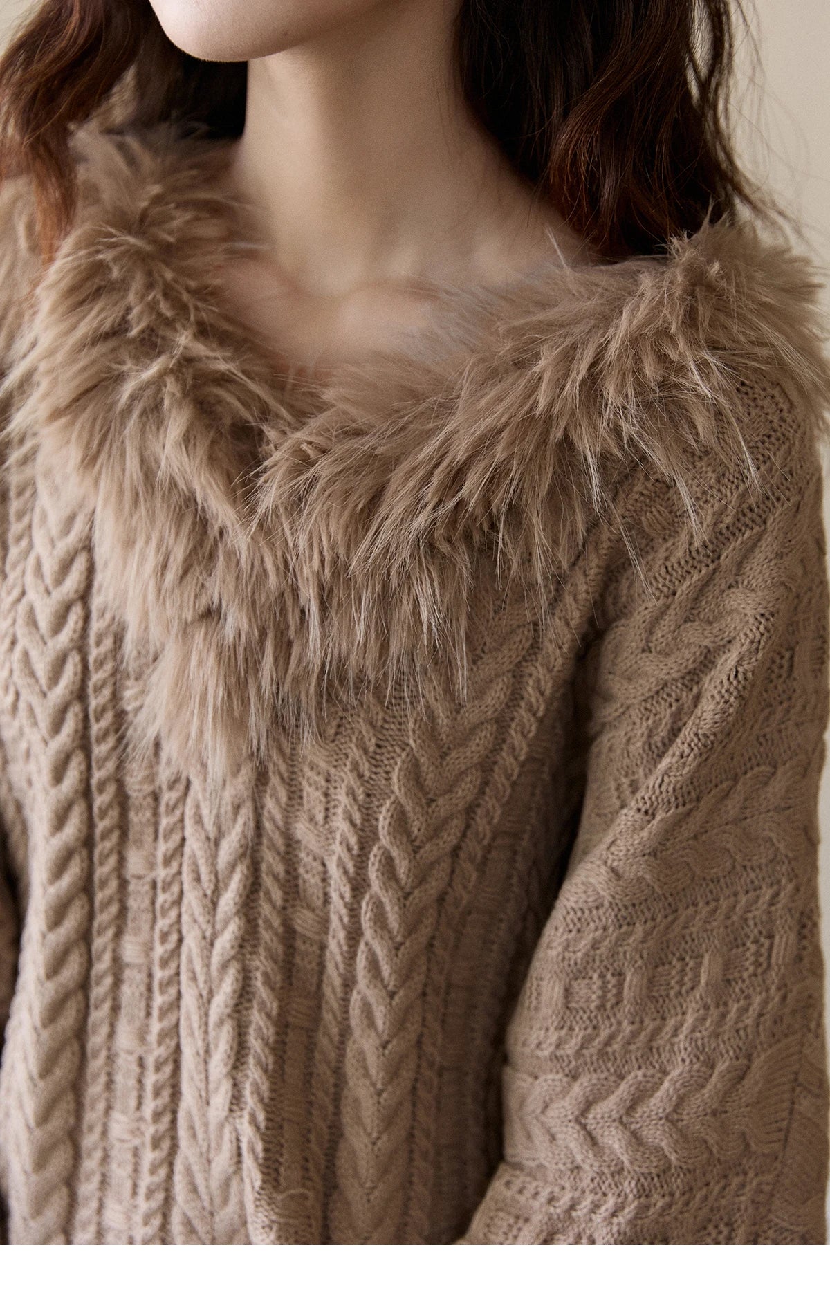 Mishow Faux Fur Collar Batwing Cable Knit Pullover MXE94Z2985