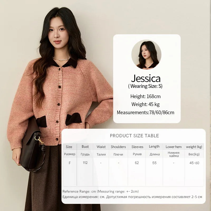Mishow Pink Contrast Collar Bow Pocket Cardigan MXE94Z2957