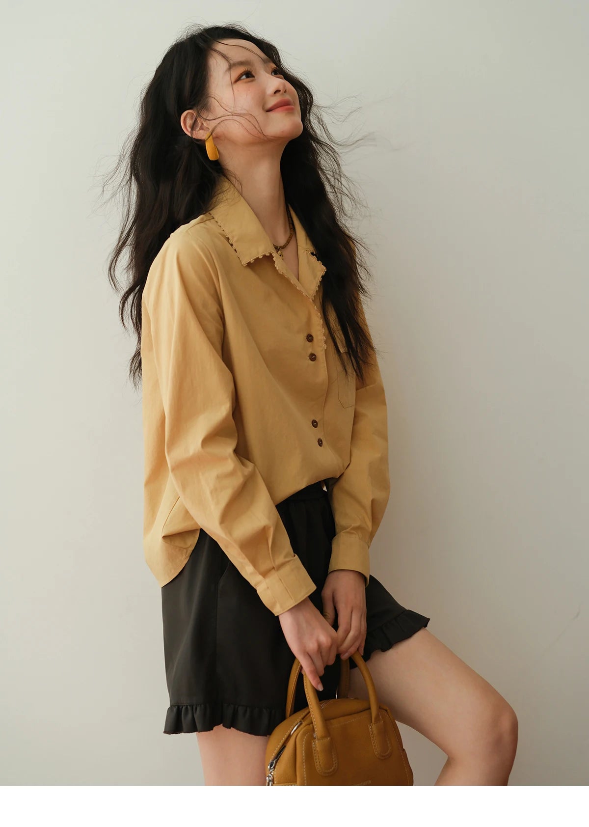 MISHOW Yellow Lapel Cotton Shirt Contrast Button Pocket MXE41C2356