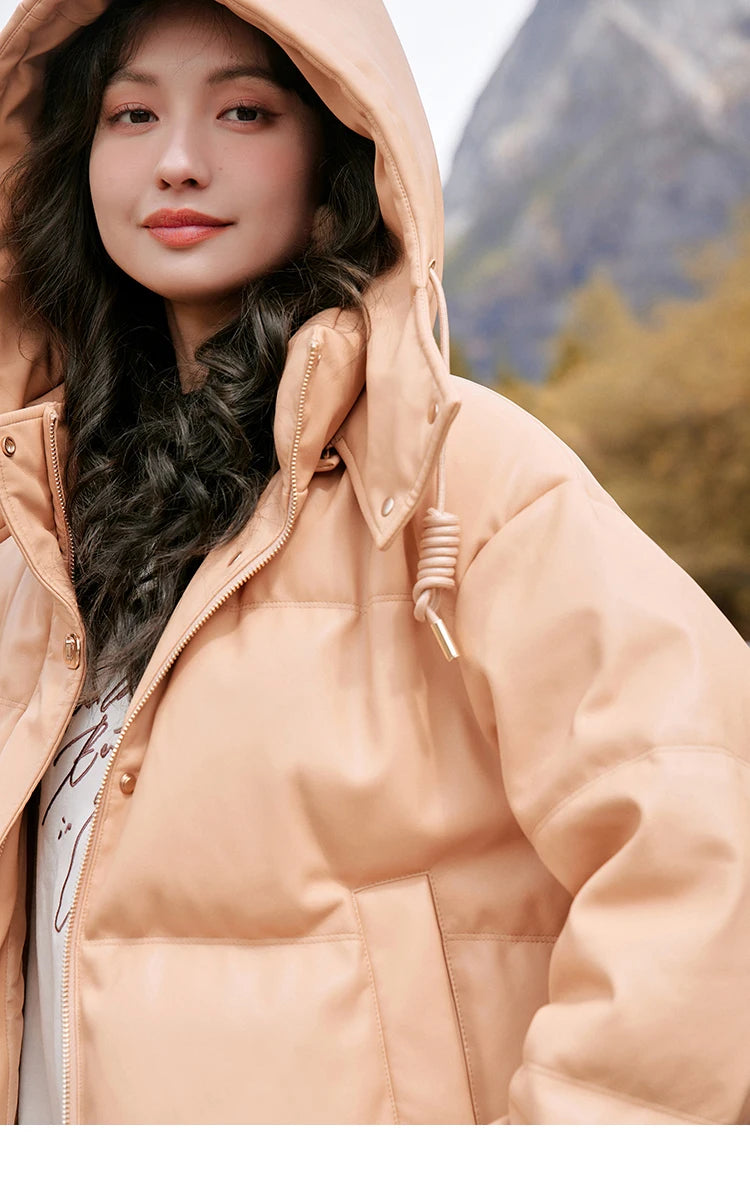 Mishow Hooded Imitation Leather Short Down Jacket MXC52Y0008