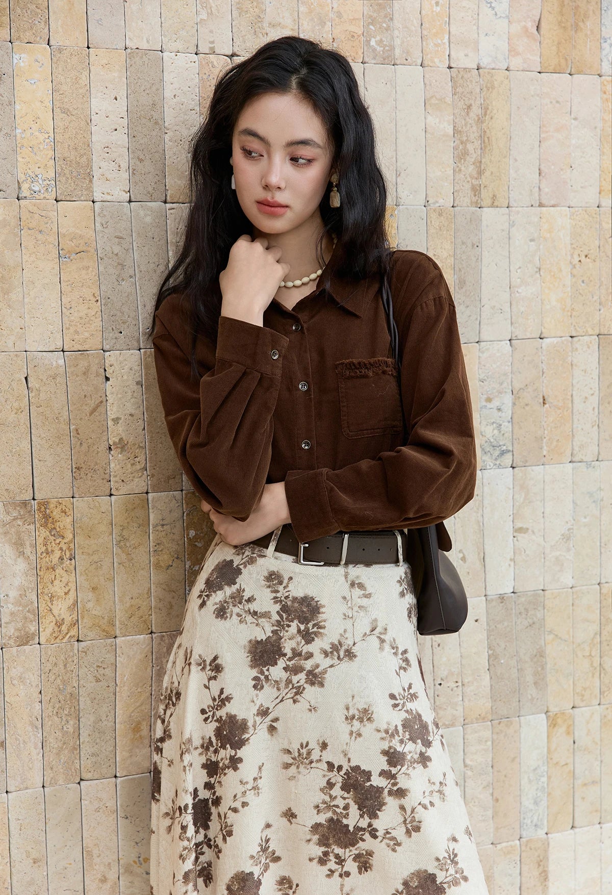 MISHOW Brown Corduroy Shirt Raw Edge Pocket MXE47C2419