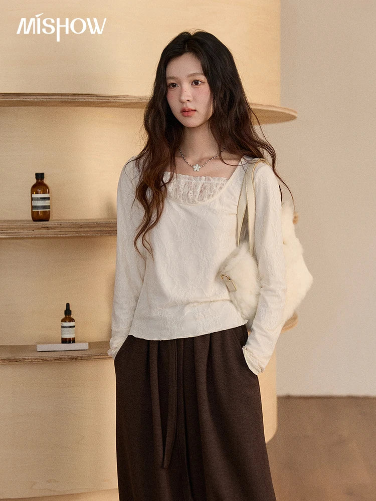 Mishow Beige Lace Patchwork Square Neck Top MXE91X2514