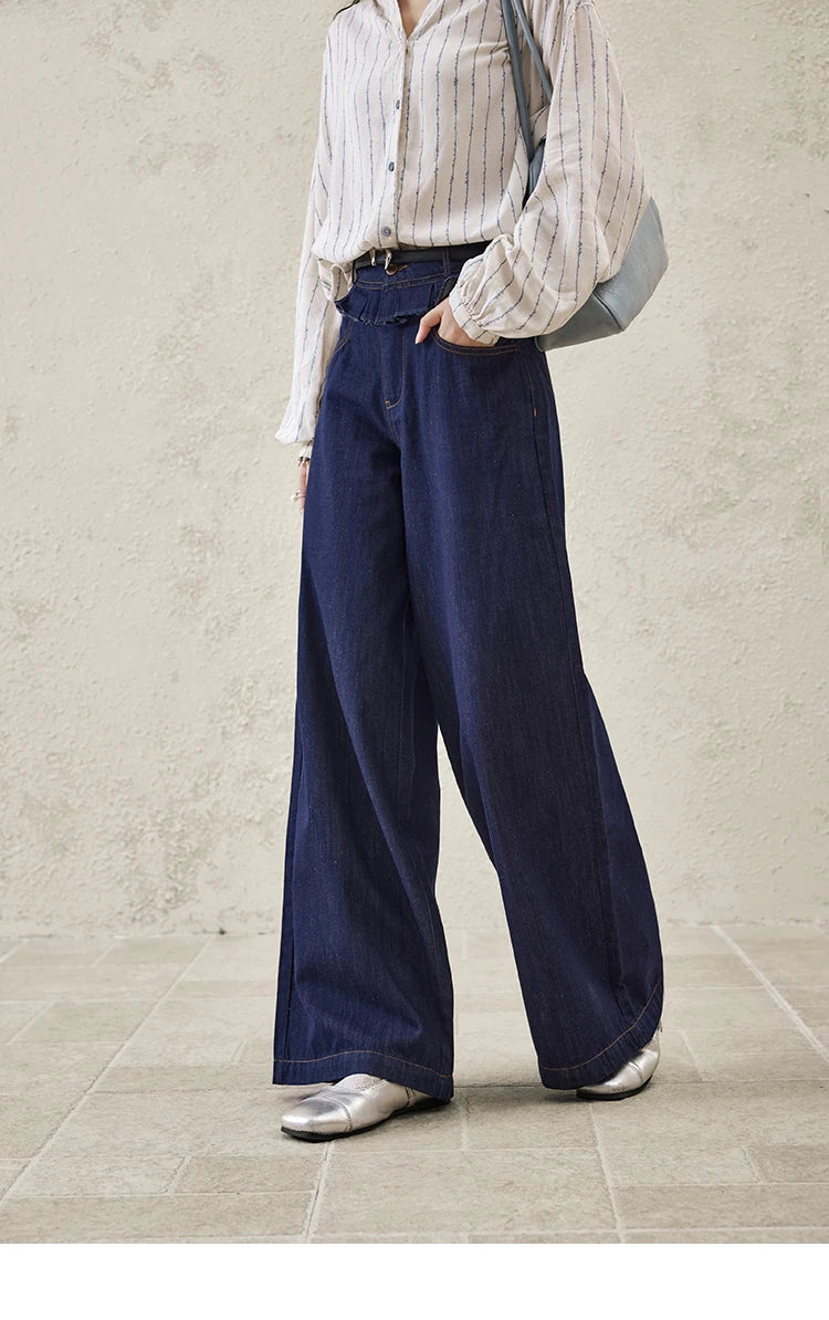 Mishow Stitching Ruffle High Waist Wide Leg Jeans MXE16K0907