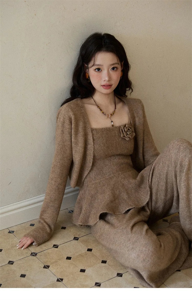 Mishow Khaki Knitted Three-Dimensional Floral Camisole Cardigan & Wide Leg Pants Three-Piece Set MXE87T1449