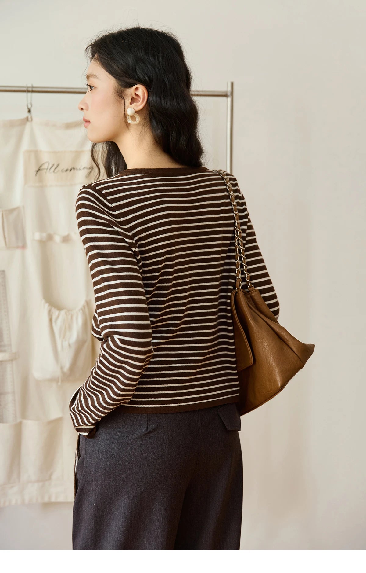Mishow Coffee Striped Knitted Cardigan Sweater MXE46Z2537