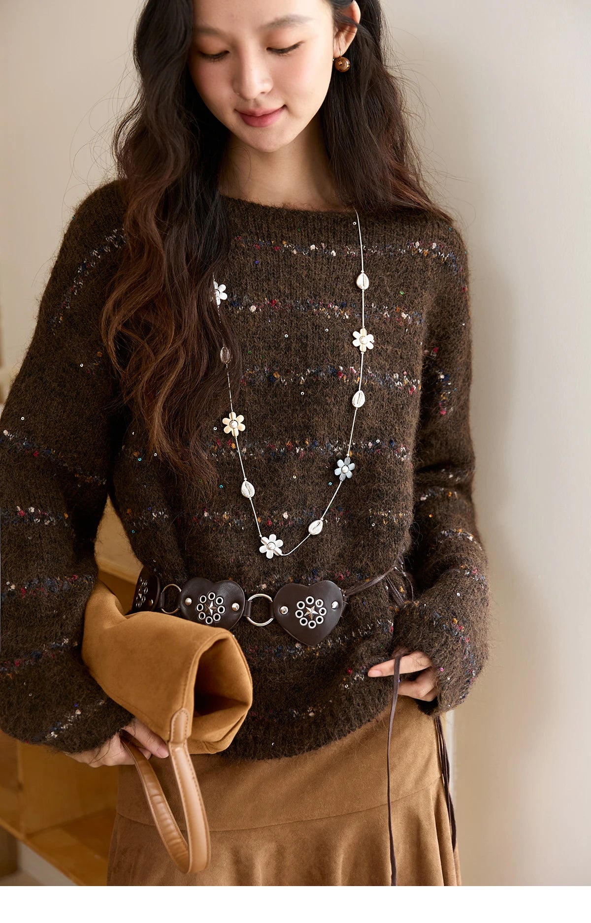 Mishow Brown Chrysanthemum Yarn Round Neck Sweater MXE47Z2574