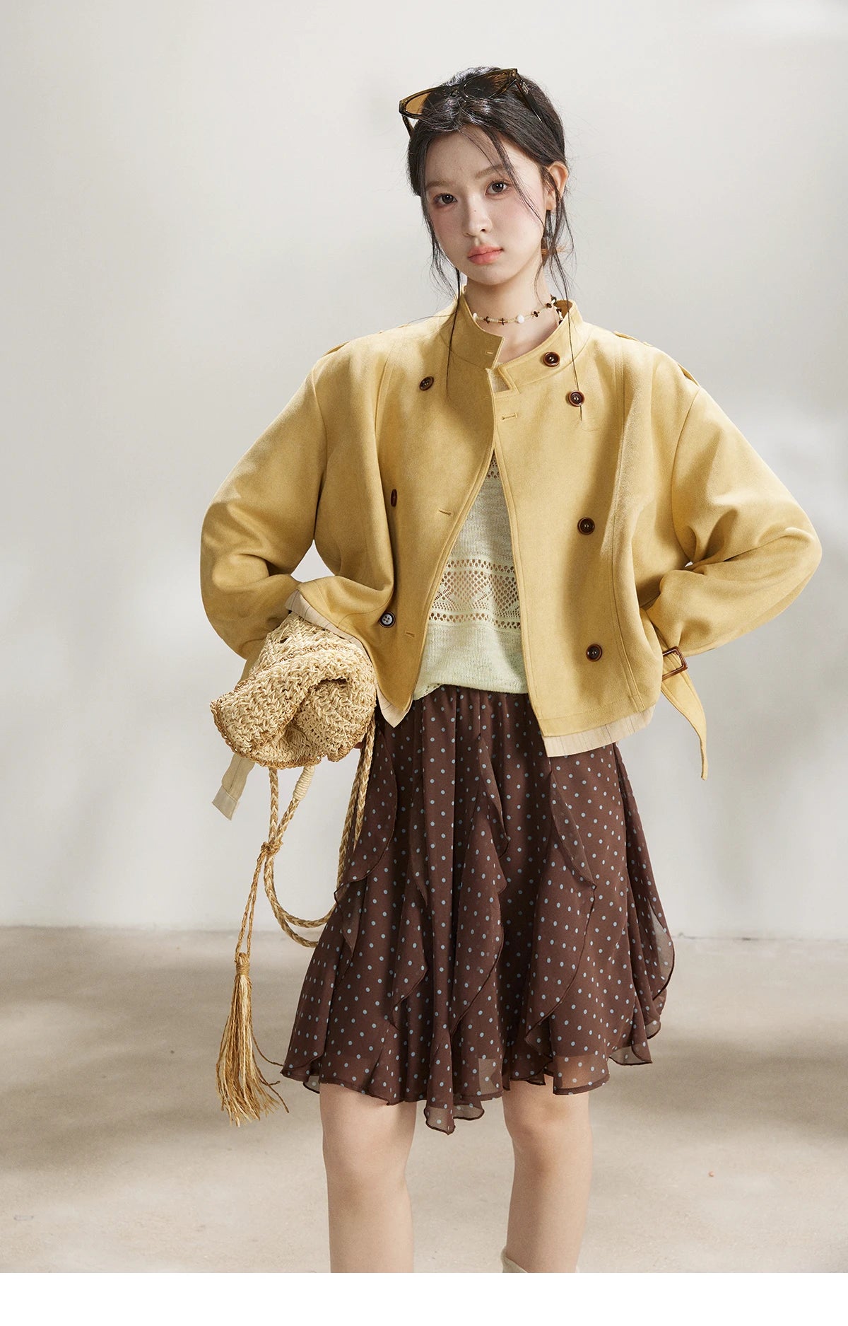 Mishow Yellow Double-Breasted Stand Collar Trench MXF11W1026