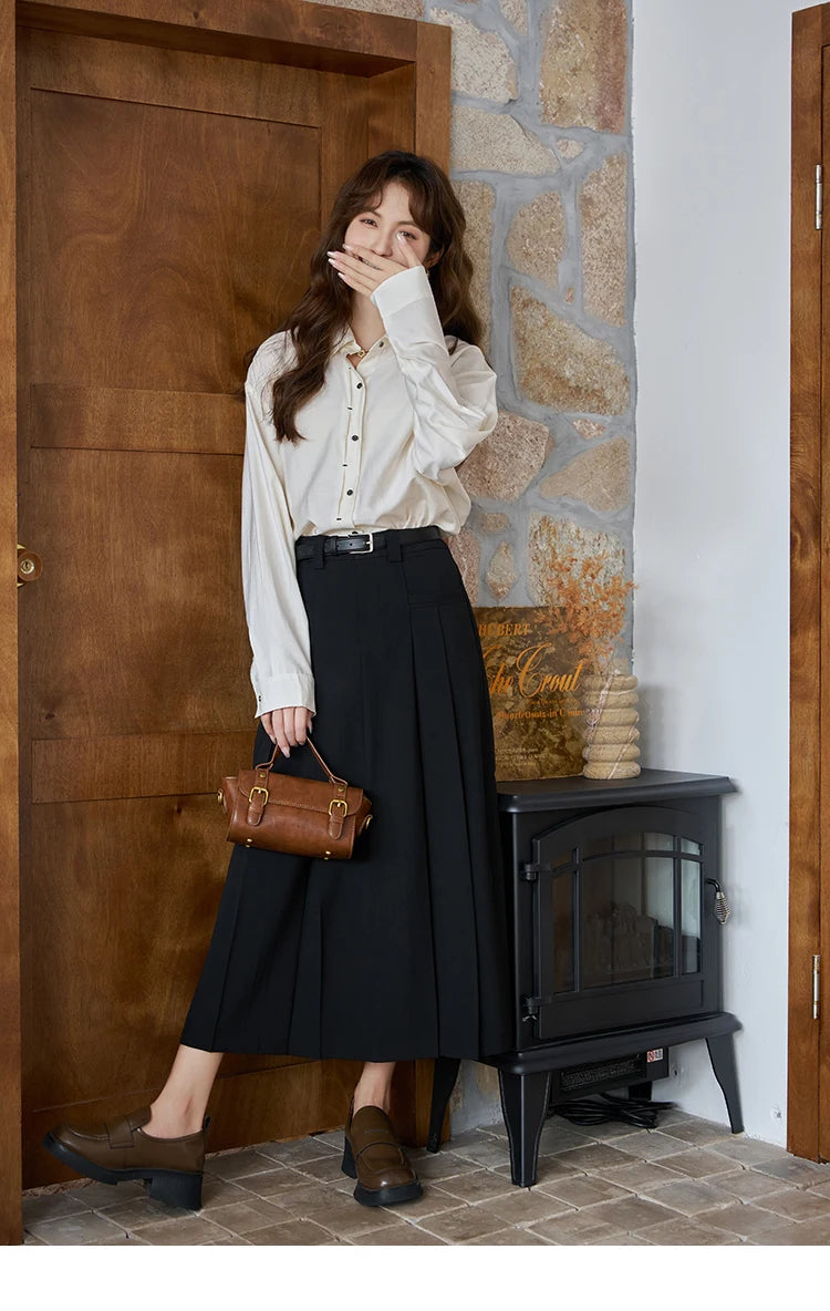 MISHOW Pleated Midi Skirt A-LINE Pockets Split Back Hem MXC42B0118