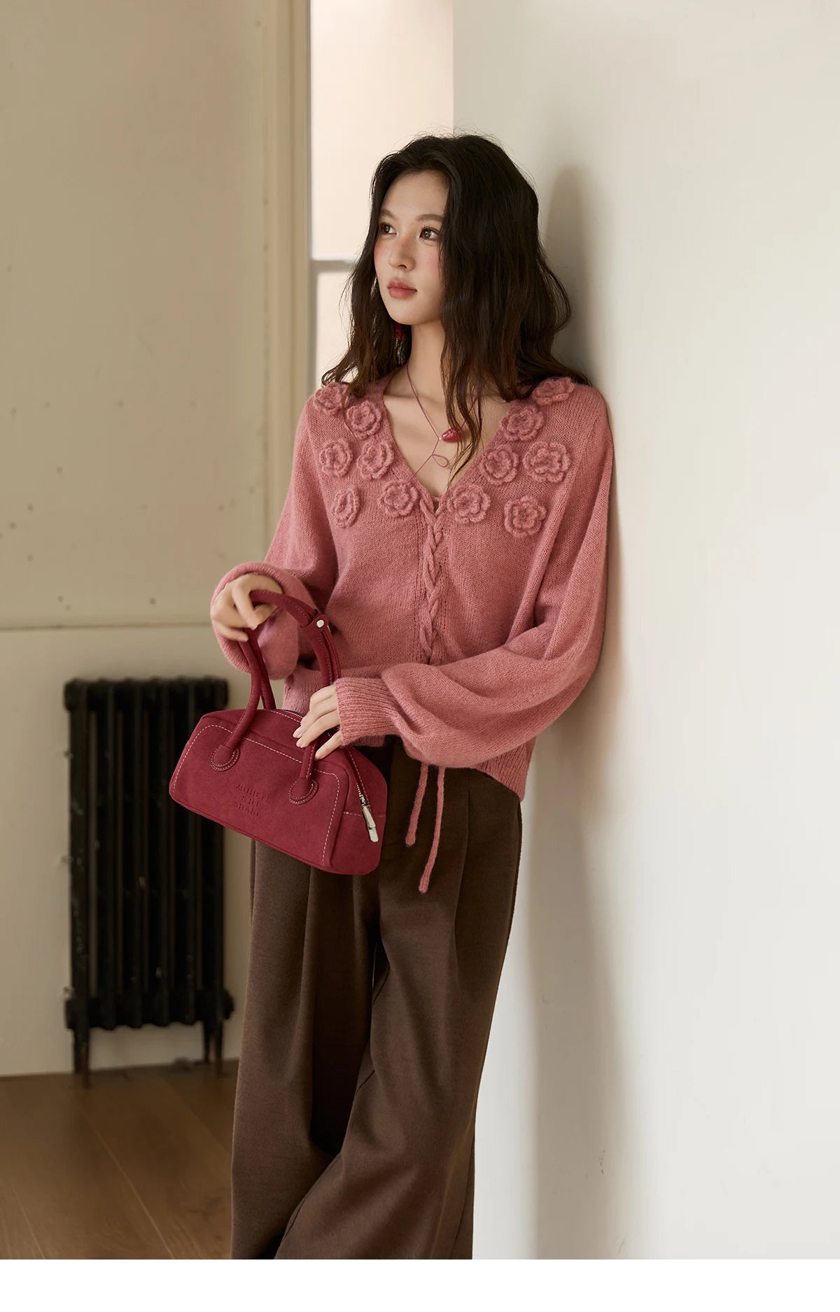 Mishow Pink 3D Rose V-Neck Loose Pullover MXE88Z2708