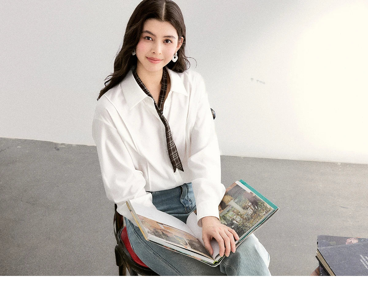 MISHOW Casual Loose Shirt with Plaid Scarf Lapel Top MXF108C0815