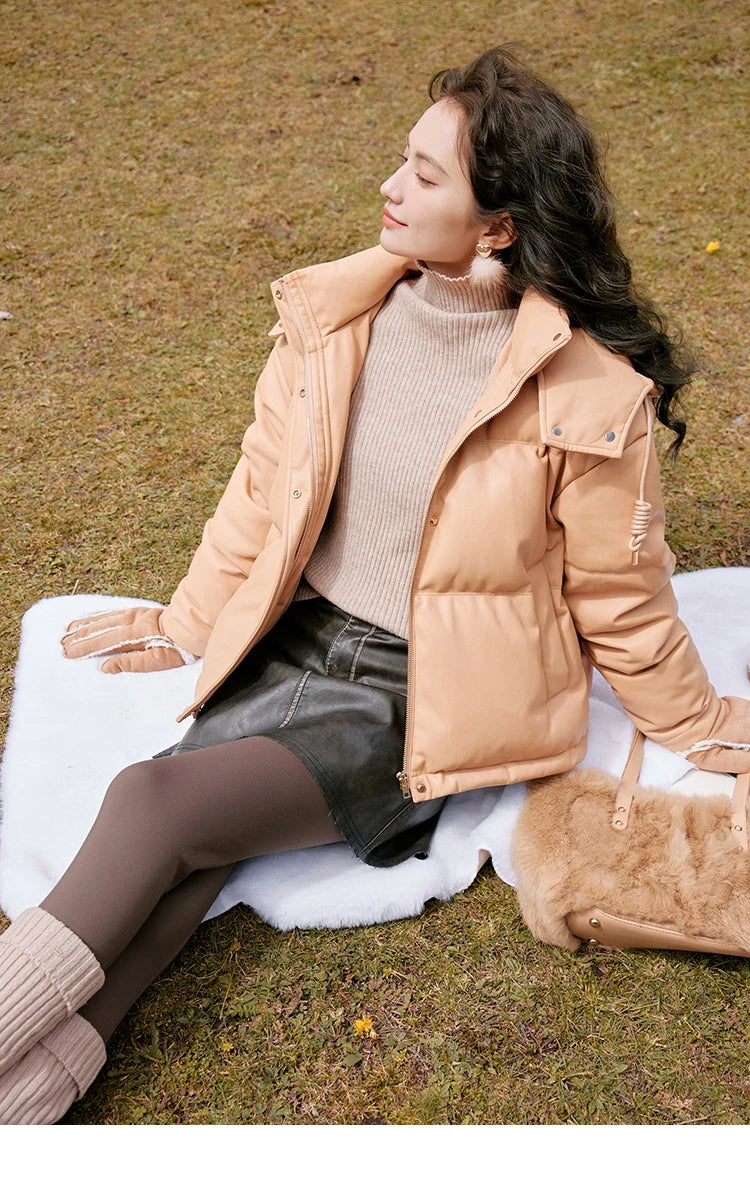 Mishow Hooded Imitation Leather Short Down Jacket MXC52Y0008