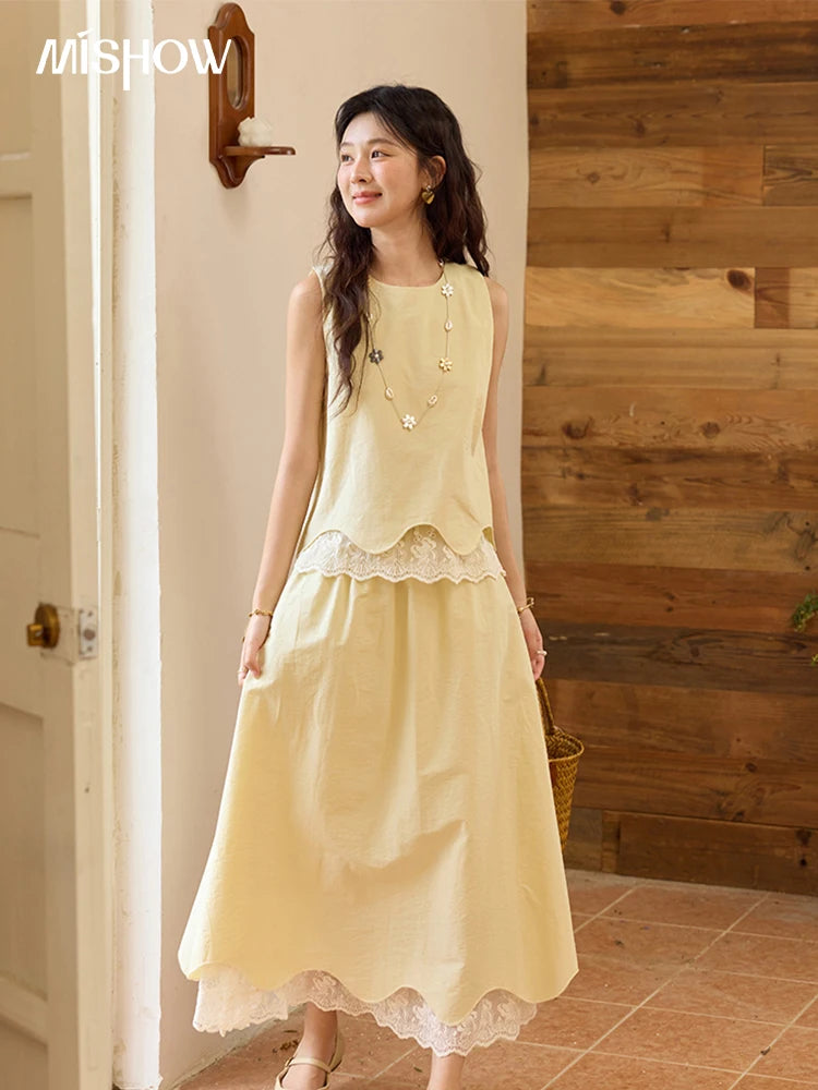 Mishow O-Neck Lace Patchwork Top & Elastic Waist Midi Skirt Set MXE36T0641