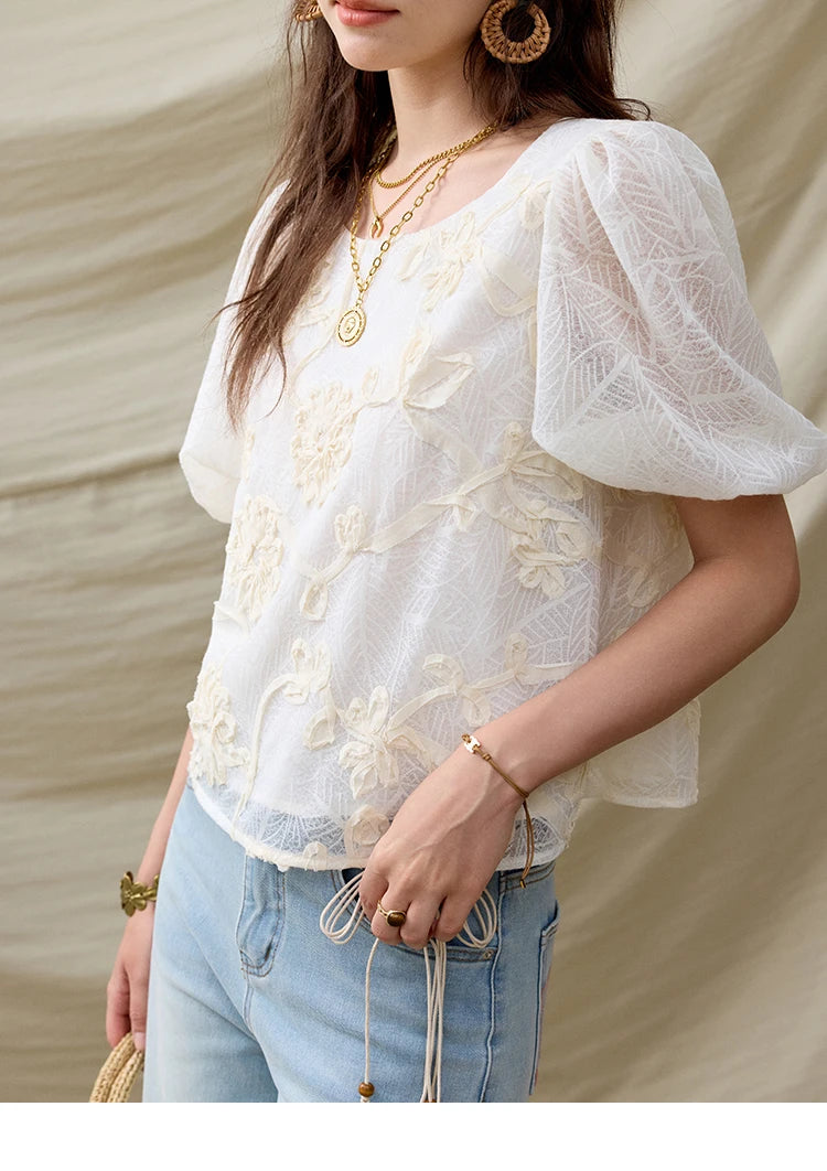 MISHOW Short Puff Sleeve Blouse Round Neck Jacquard MXE32X1772