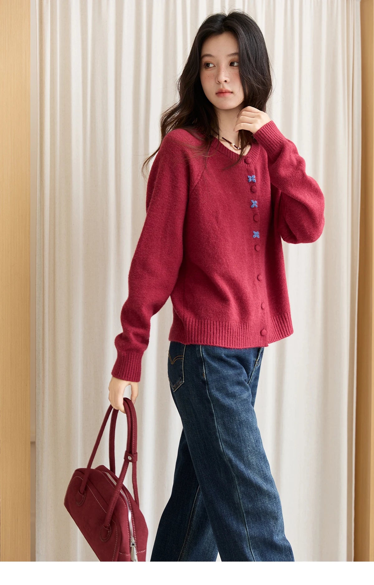Mishow Red Round Neck Embroidered Cardigan MXE47Z2621