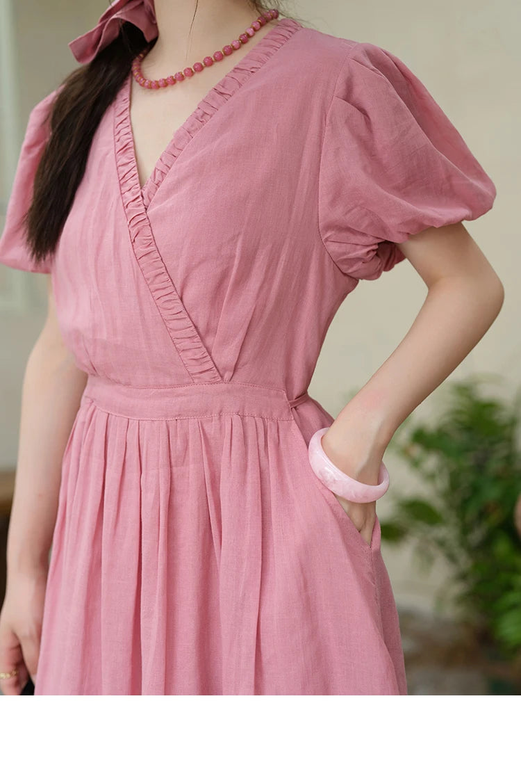 Mishow V-Neck Puff Sleeve Pocket Sash Dress MXE39L2381