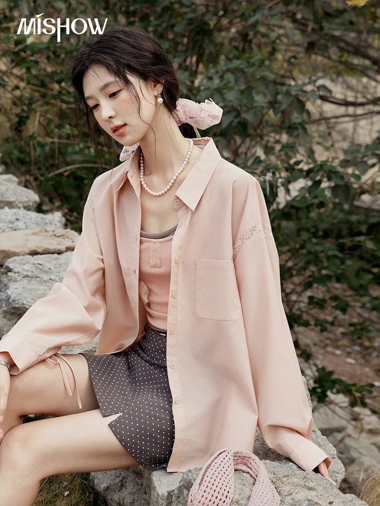 MISHOW Pink Long Sleeve Shirt Lace Bow Tie MXE16C0767