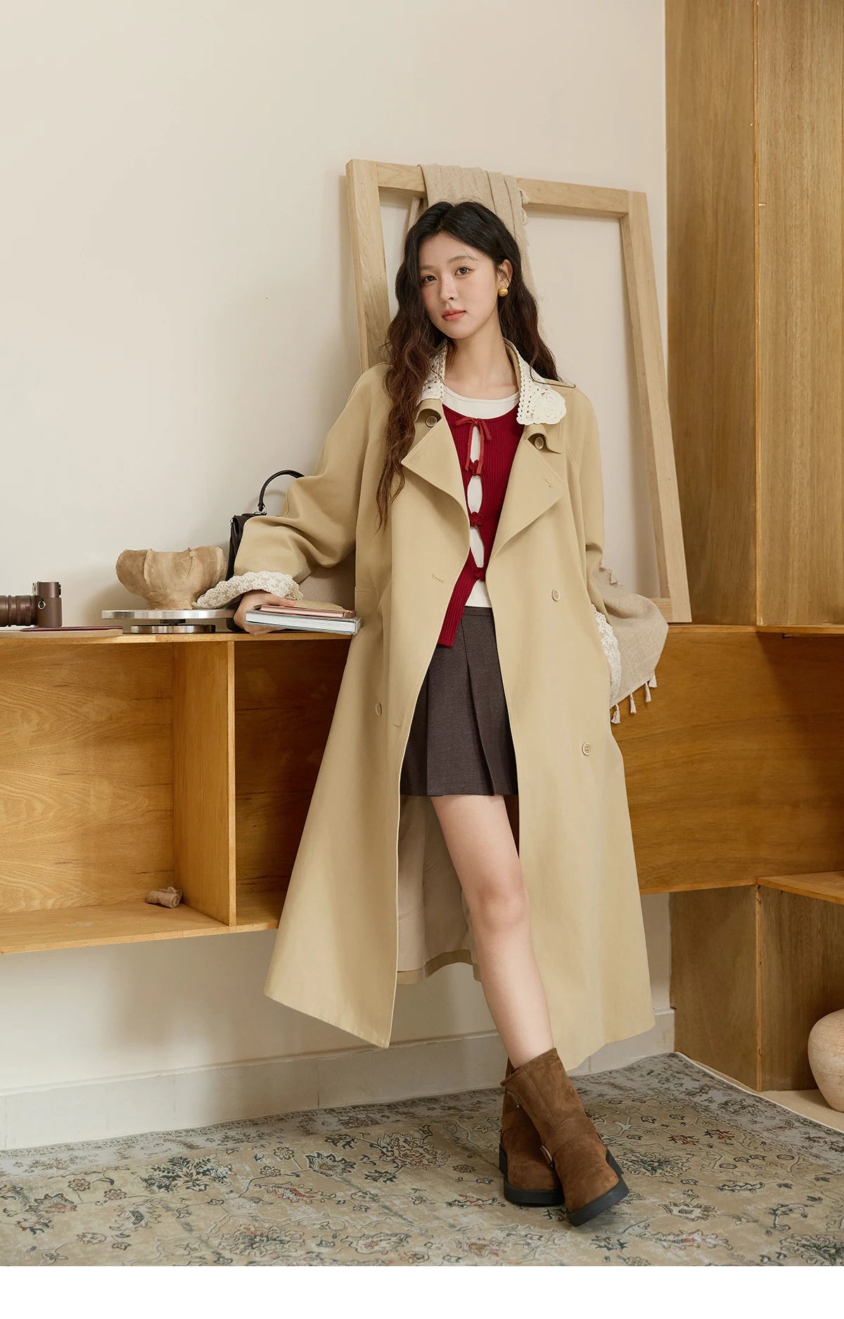 Mishow Light Khaki Lace Long Trench Coat MXE45W0830