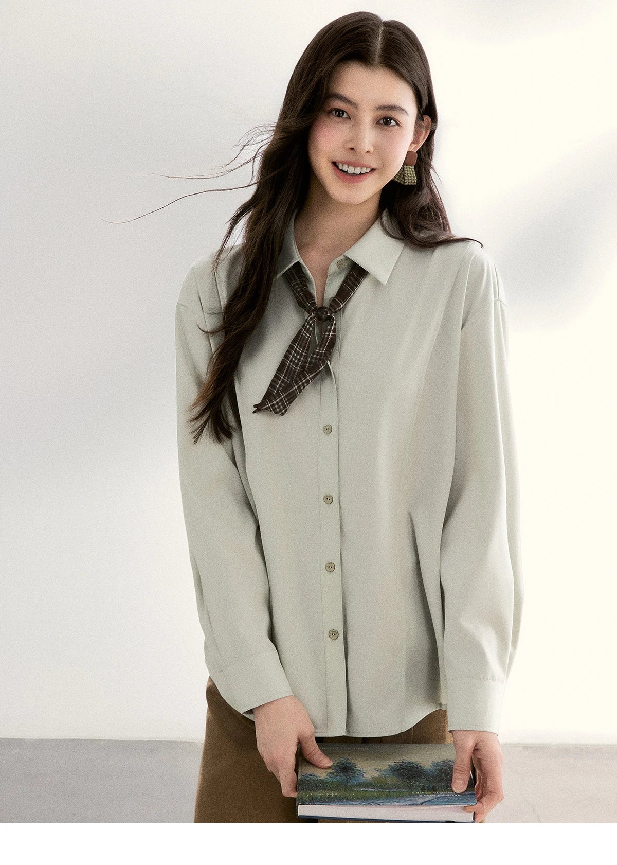 MISHOW Casual Loose Shirt with Plaid Scarf Lapel Top MXF108C0815
