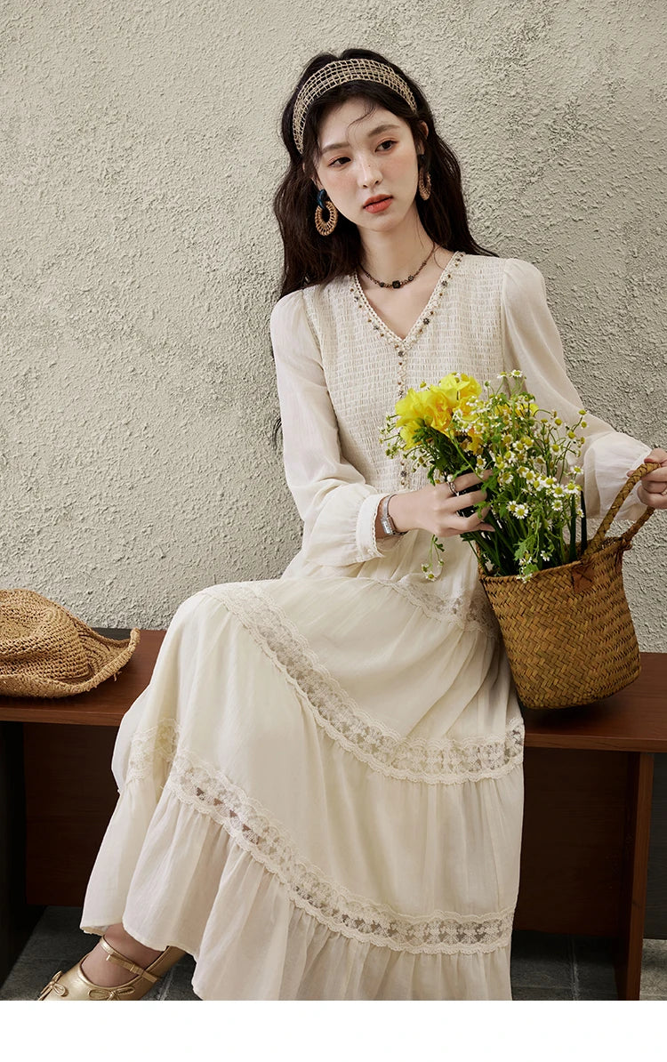 Mishow Apricot 100% Cotton Splicing Lace Dress MXE16L2168
