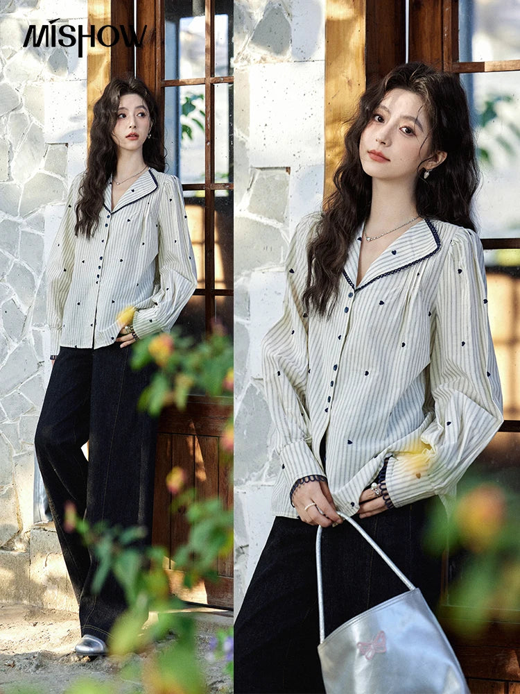 MISHOW Striped Bubble Sleeve Shirt Love Embroidered MXE12C0390