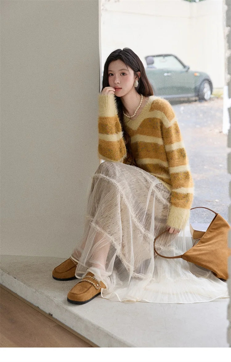 Mishow Retro Yellow Striped Faux Mink Jacquard Sweater MXE87Z2766