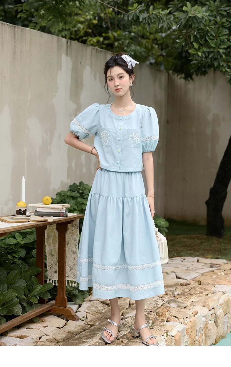 MISHOW Blue Lace Patchwork Top Elastic Waist Skirt Set MPD22B0450