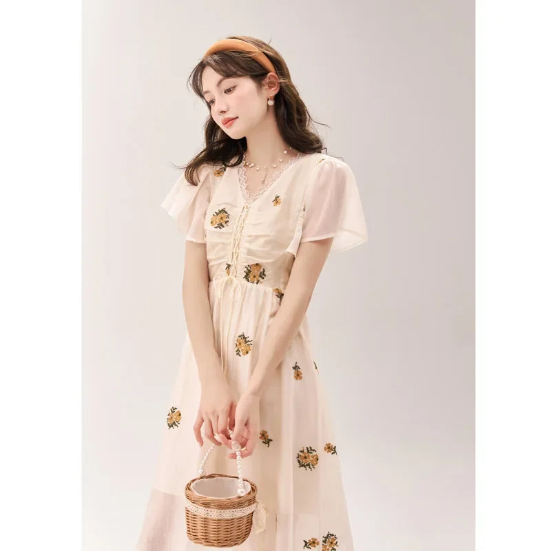 Mishow Van Gogh Sunflower Embroidered Butterfly Sleeve Dress MXC39L1524