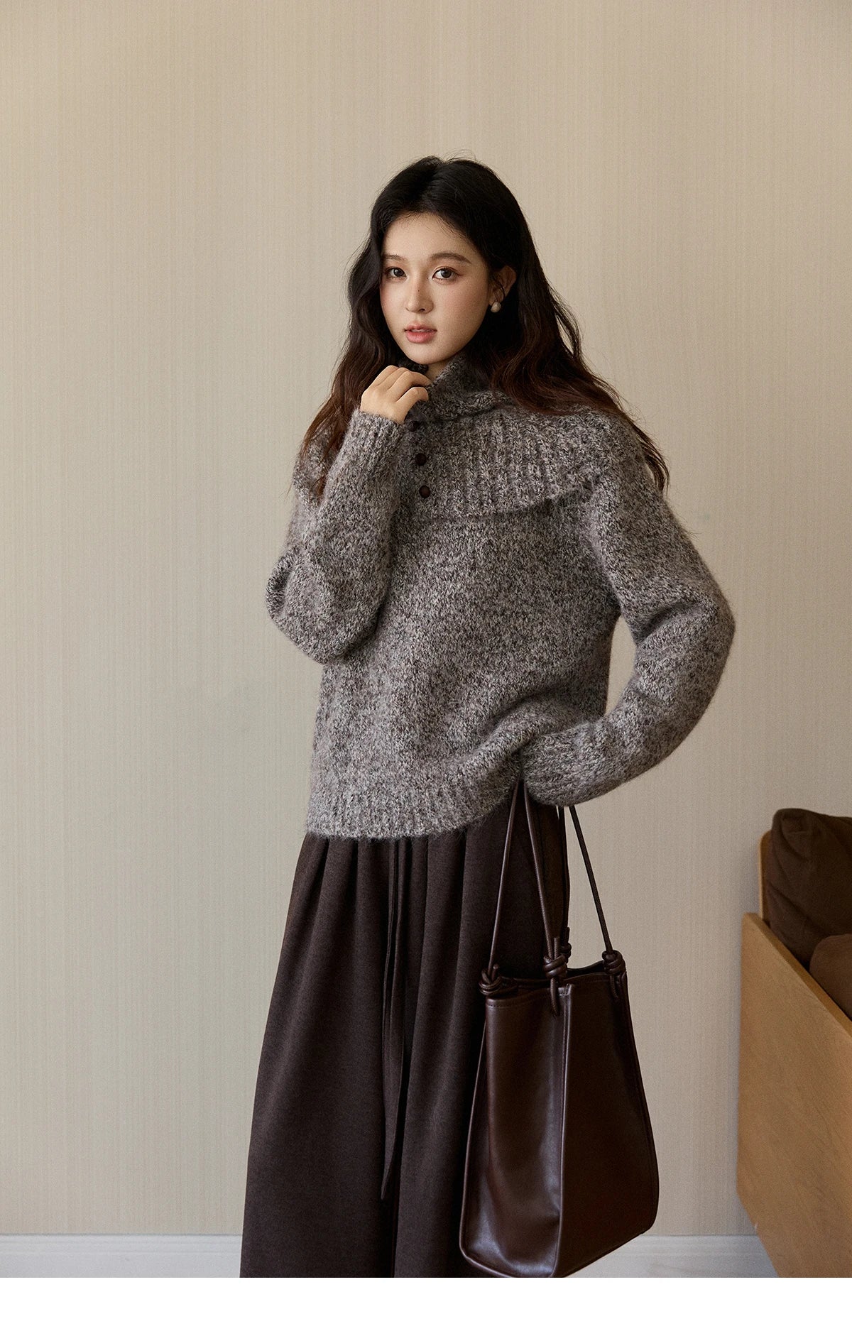Mishow Gray Textured Button Sweater with Neckwear Scarf MXE94Z2978