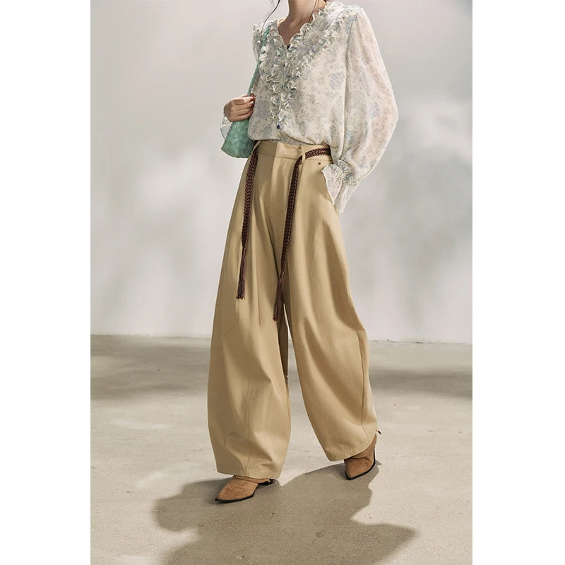 MISHOW Khaki Wide Leg Pants High Waist Belted Rear Pocket MXF13K1237