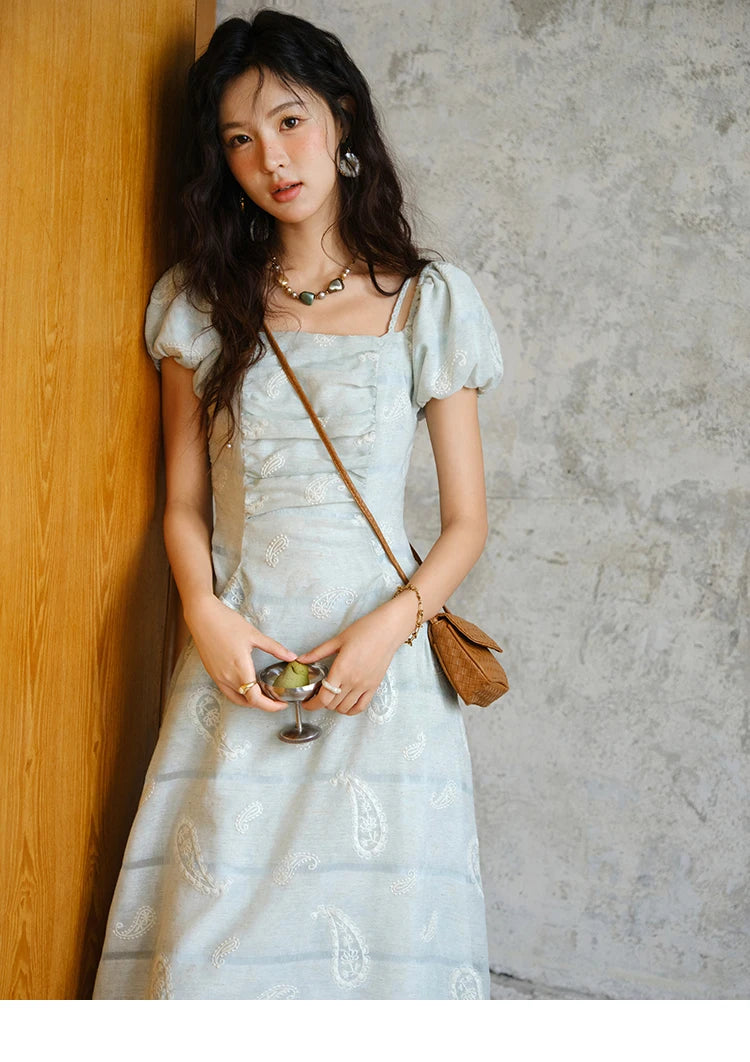 Mishow Paisley Embroidery Square Neck Puff Sleeve Dress MXE34L2265