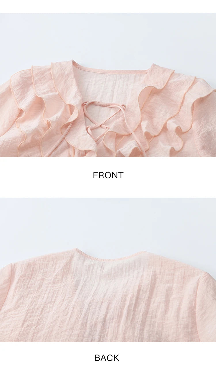 MISHOW Pink Ruffled Blouse V-Neck Lace Up Lantern Sleeve MXE49X2504