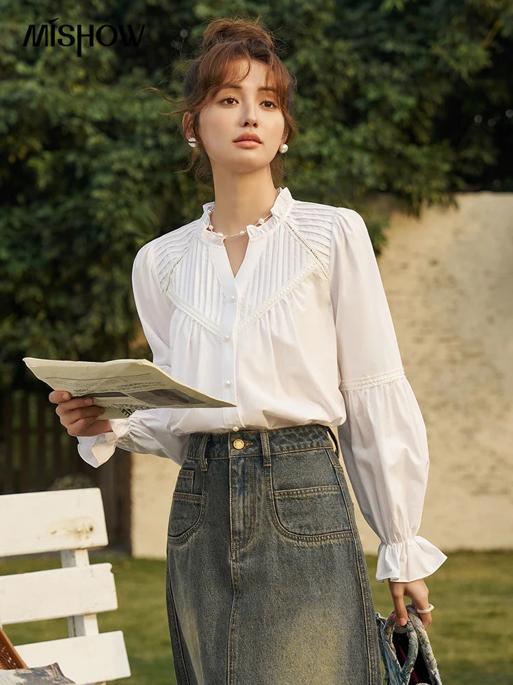 MISHOW French Pleated V-Neck Shirt Petal Patchwork Ruffle Sleeve MXD13X1354