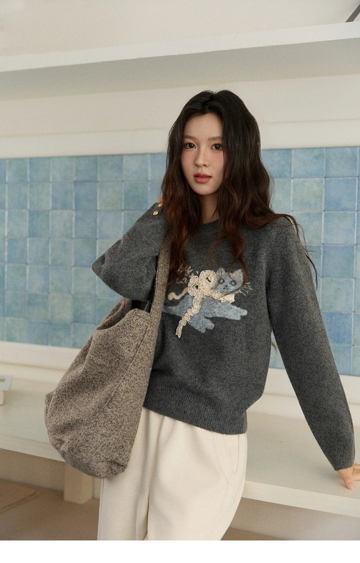 Mishow Cat Jacquard Three-Dimensional Bow Pullover MXE86Z2750