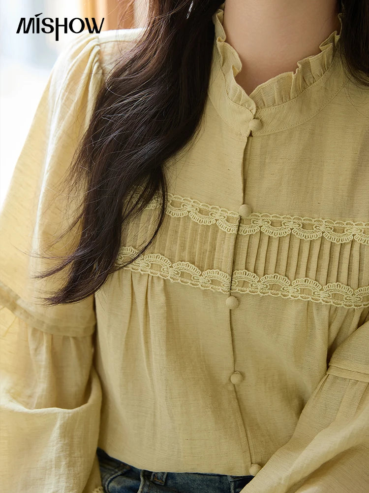 MISHOW Women's Light Yellow Linen Shirt Stand Collar Lace Sleeves MXE42X1976