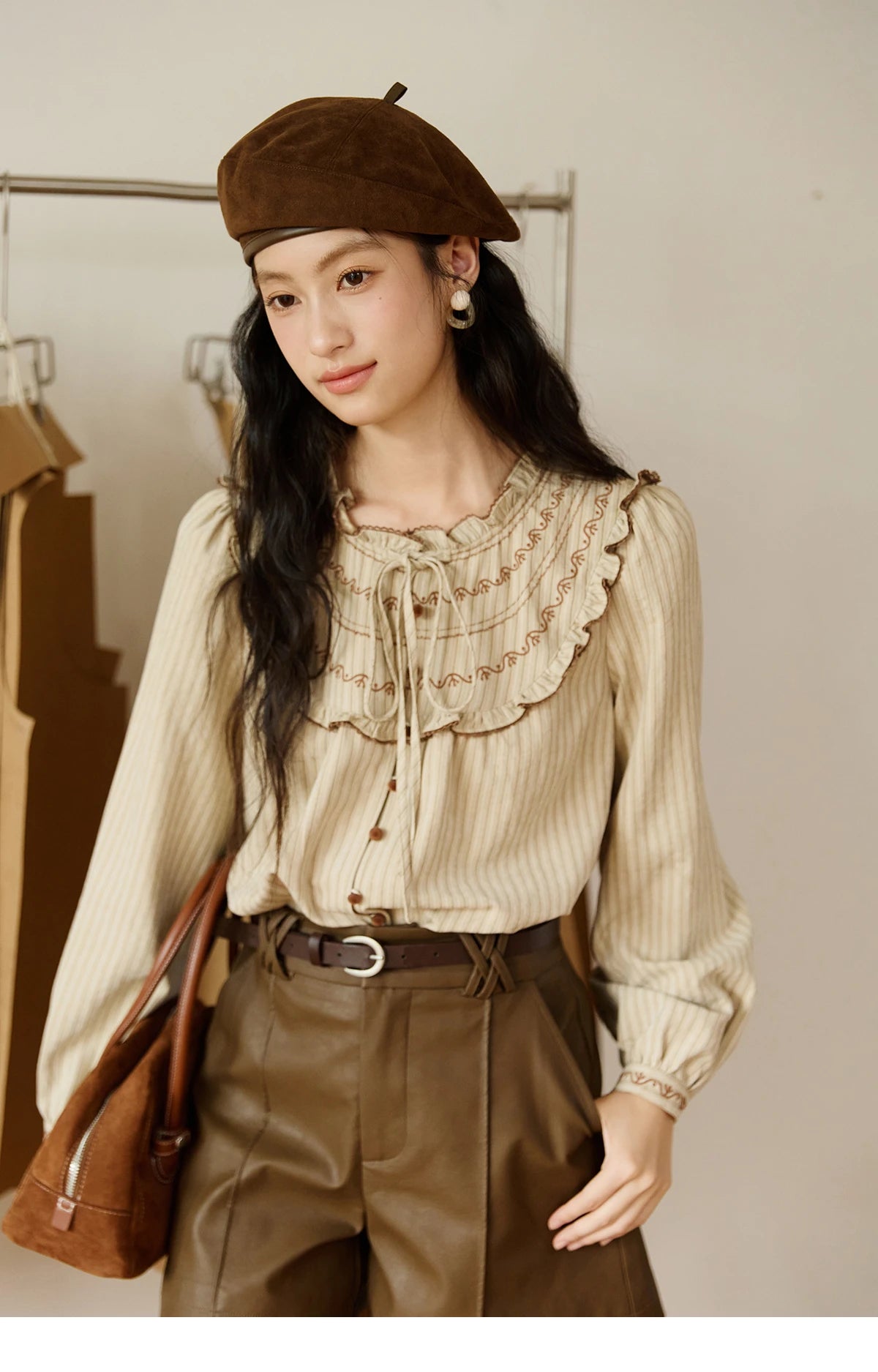 MISHOW Striped Shirt Wood Ear Edge Round Neck Embroidery MXE46X2492