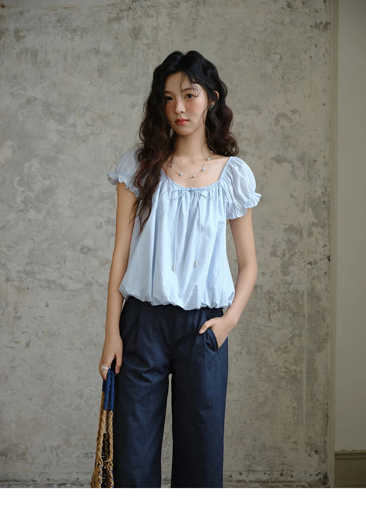 MISHOW Cotton Blouse Puff Sleeve Lace Up O-Neck MXE37X1893