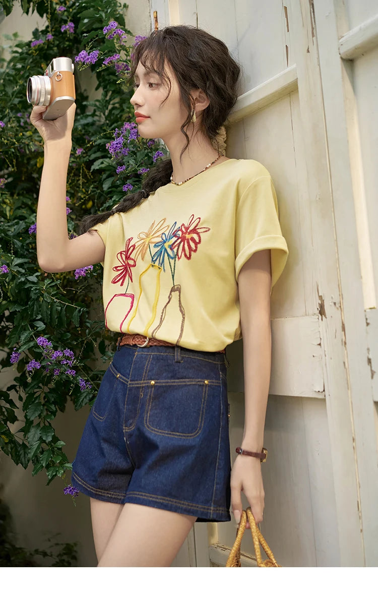 Mishow Embroidered Flower Pocket Wide Leg Denim Shorts MXD26K0707
