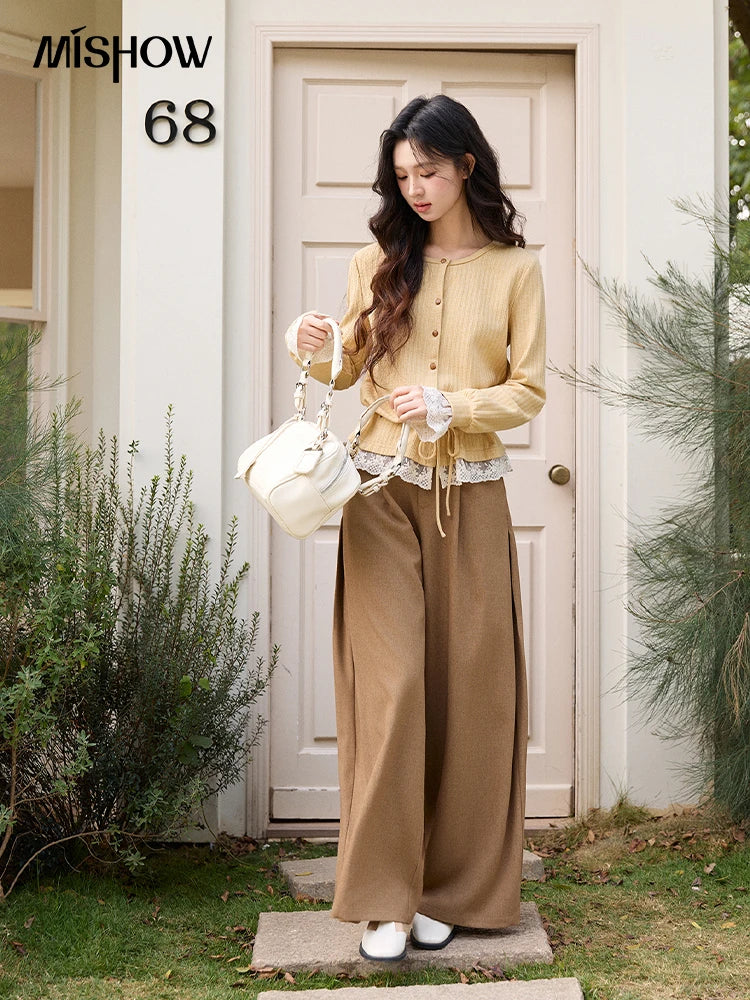 Mishow Yellow Ribbed Lace Trim Drawstring Cardigan MXF11Z2919