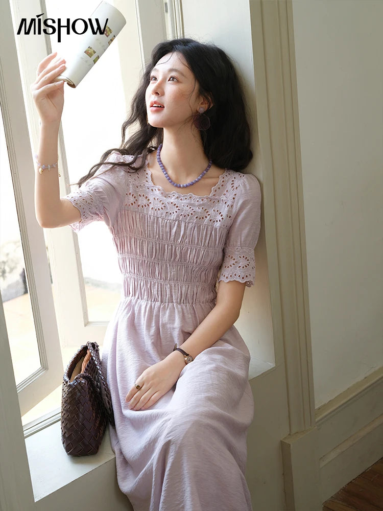 Mishow Purple Square Neck Puff Sleeve Lace Dress MXE39L2406