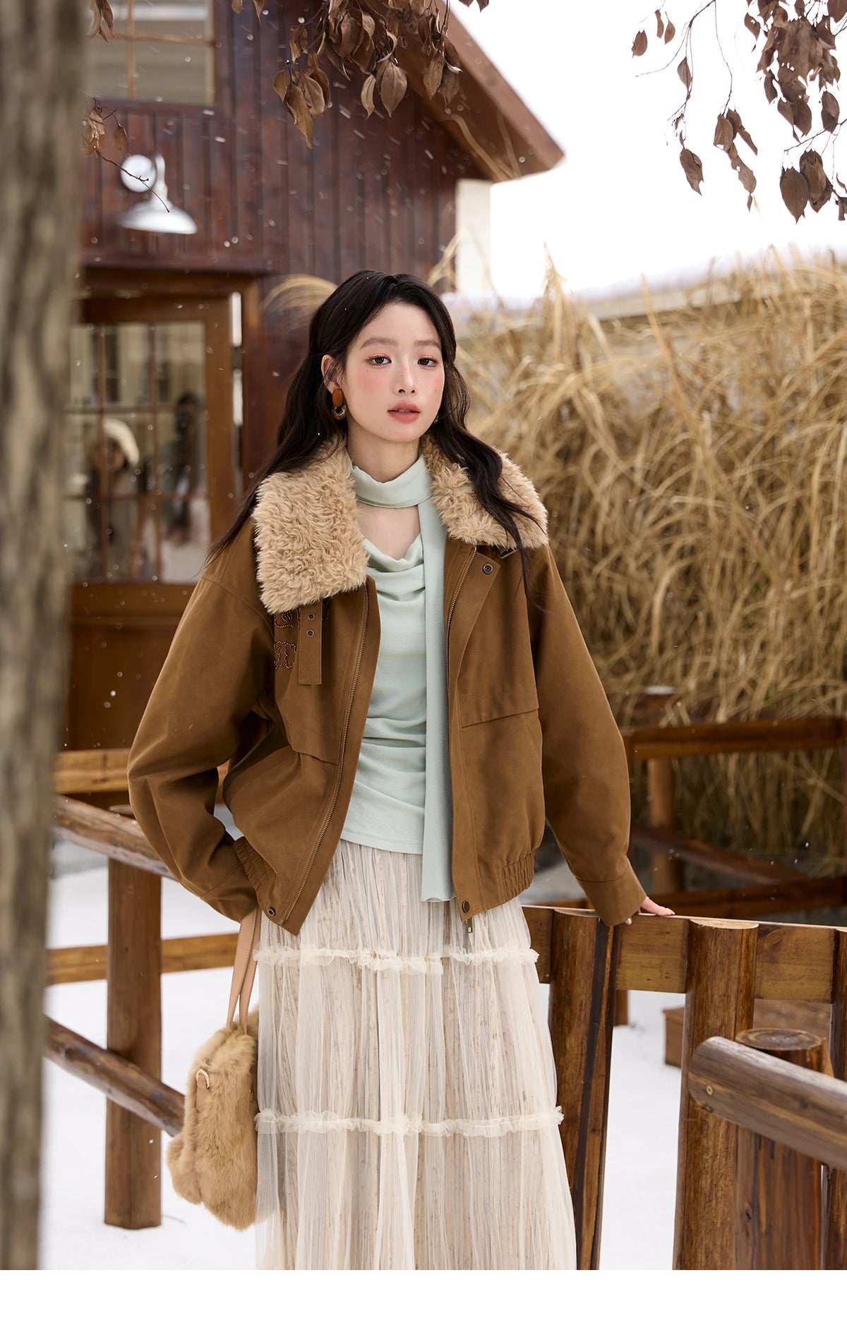 MISHOW Brown Suede Jacket Detachable Fur Collar Zipper MXE51W0876